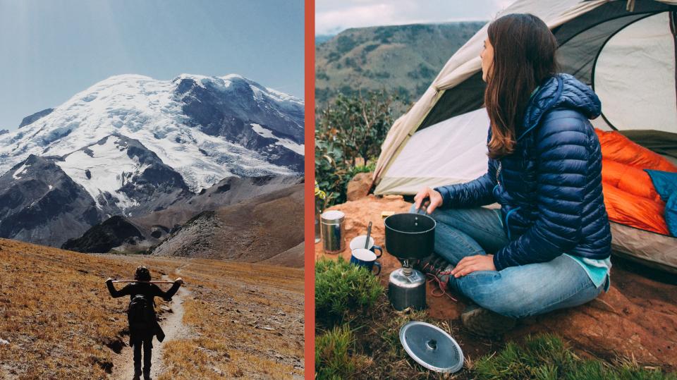 Young male hikes around Mt. Rainier in Washington. An outdoors woman camping in nature outdoors. She is sitting outside her camp tent enjoying the view