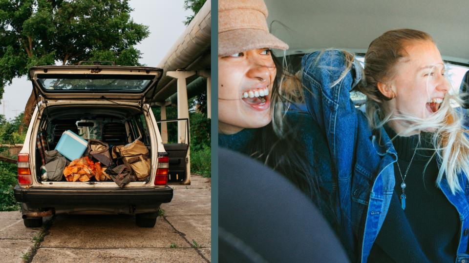 Open car trunk of a white 1990s automobile. The car is packed with a cooler, firewood, and a bunch of bags. Natural warm summer evening light. Diverse Gen Z friends laughing together inside a car